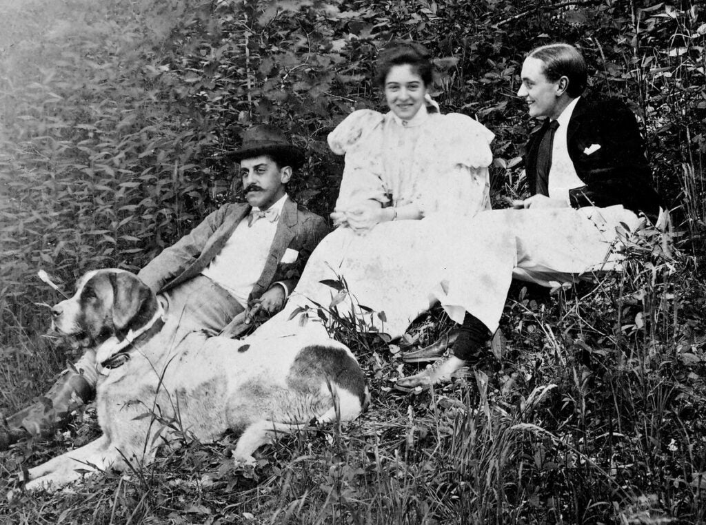 Archival photo of George Vanderbilt, Adele and Jay Burden, and a St. Bernard dog