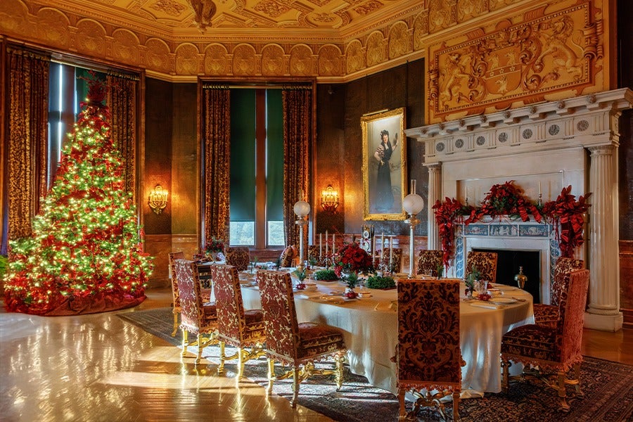 The Breakfast Room inside Biltmore House decorated for Christmas.